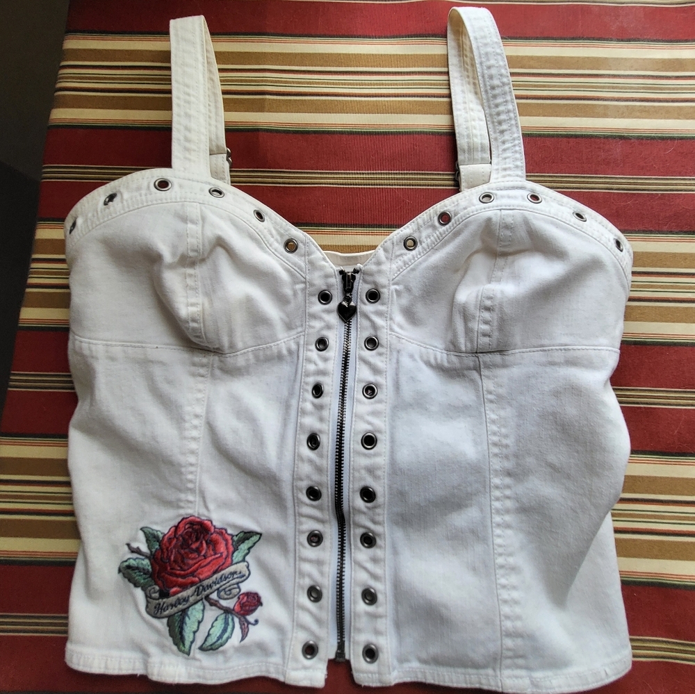 White Denim Harley Davidson Corset Top with Rose Embroidery